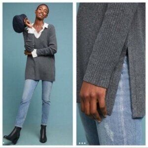 Anthropologie ett:twa | Wool Ribbed Tunic V Neck Amrita Sweater Split Side Gray